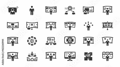 Depiction of presentation icons showing people presenting in front of screens and other presentation styles