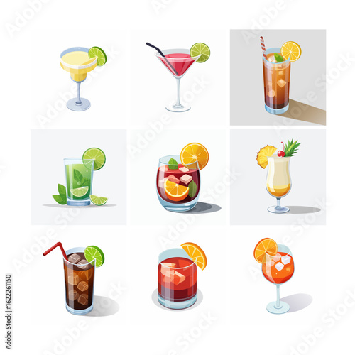 Set of 9 Vector Cocktail Icons – Modern Flat Design