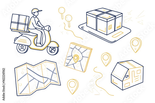 Shipping Illustration: This illustration vividly portrays a courier on a scooter, boxes, map, and location pins, delivering a package with precision and efficiency. 