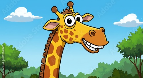 Winking cartoon giraffe with blue sky