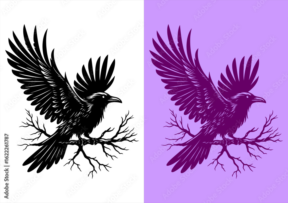 Obraz premium Black and White Ink Illustration of a Raven with Wings Spread on a Bare Tree Branch