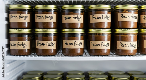 Artisan Pecan Fudge Ice Cream Jars on Freezer Shelf with Hand-Labeled Jars and Condensation Detail