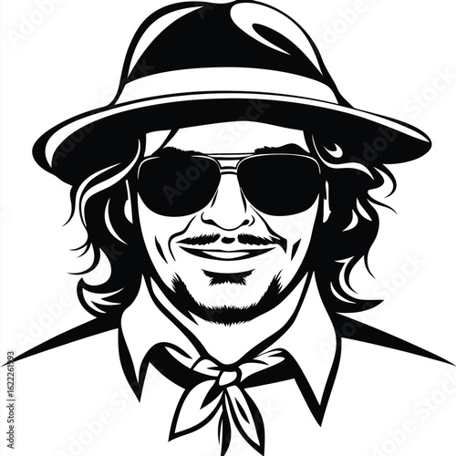 Attractive man wearing sunglasses and fedora looks suave in this black and white image