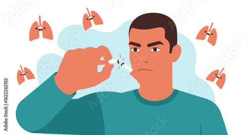 Man forcefully expelling something from his mouth, surrounded by cartoon lungs, depicting respiratory distress.