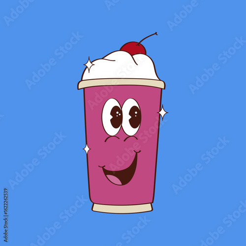 Cute and cheerful cartoon-style milkshake character with big expressive eyes, a wide smile, whipped cream topping, and a cherry on top.