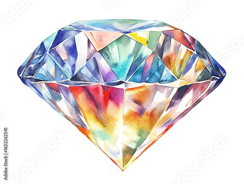 Vibrant watercolor painted diamond showcasing a spectrum of rich colors and intricate facets isolate
