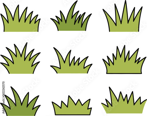 Collection of nine cartoon style green grass tufts isolated on white background