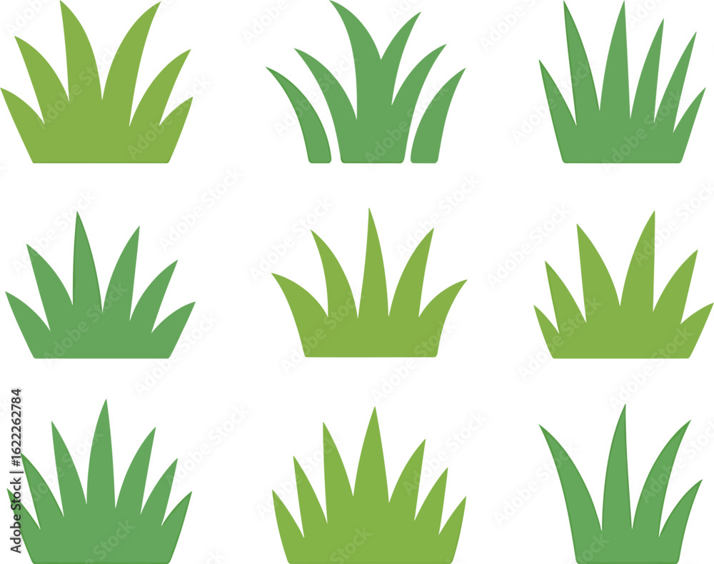 Fototapeta premium Set of nine green grass clumps in a grid pattern
