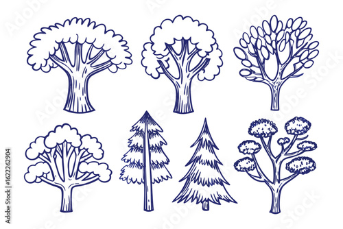 Artistic Tree Collection: A collection of artistic trees showcase the diverse shapes and forms found in nature's arboreal wonders. This illustration emphasizes creativity.
