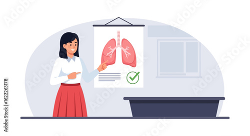 A woman pointing at a diagram of lungs, explaining human anatomy in a classroom setting.