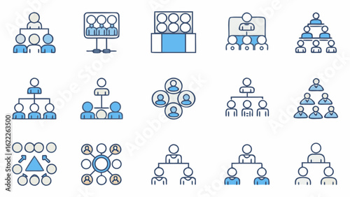 Depiction of various organizational chart structures with hierarchical and network configurations shown