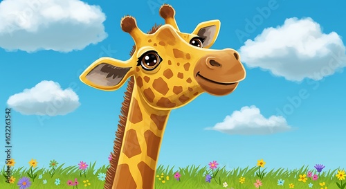 Two cartoon giraffes in green meadow