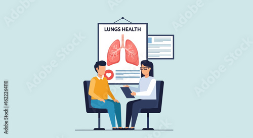 A doctor consults with a male patient, discussing lung health with an anatomical diagram and medical information.