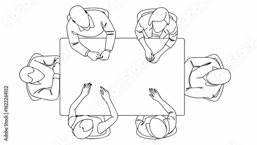 Overhead view of six people sitting around a rectangular table in a meeting or discussion setting