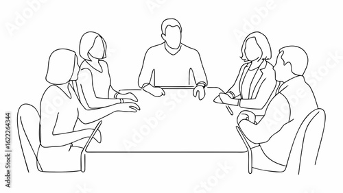 Line drawing of five people sitting around a table in a meeting or discussion setting in black and white