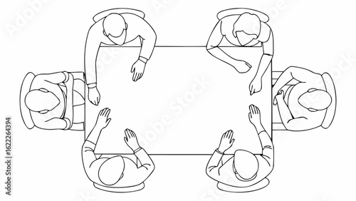 Overhead view of six people sitting around a rectangular table in a meeting or discussion setting