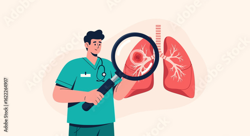 A doctor in scrubs examines lungs with a magnifying glass, highlighting a potential issue or tumor within the respiratory organ.
