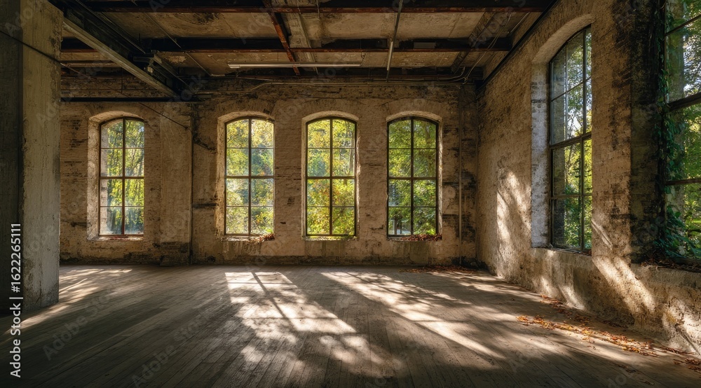 Sunlit interior of an abandoned factory. Large windows reveal trees Sunlit interior of an abandoned factory. Large windows reveal trees