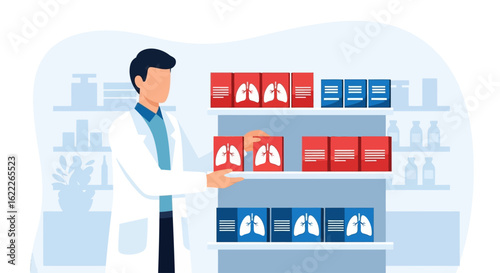 A pharmacist in a white coat arranging medicine boxes on a pharmacy shelf, focused.