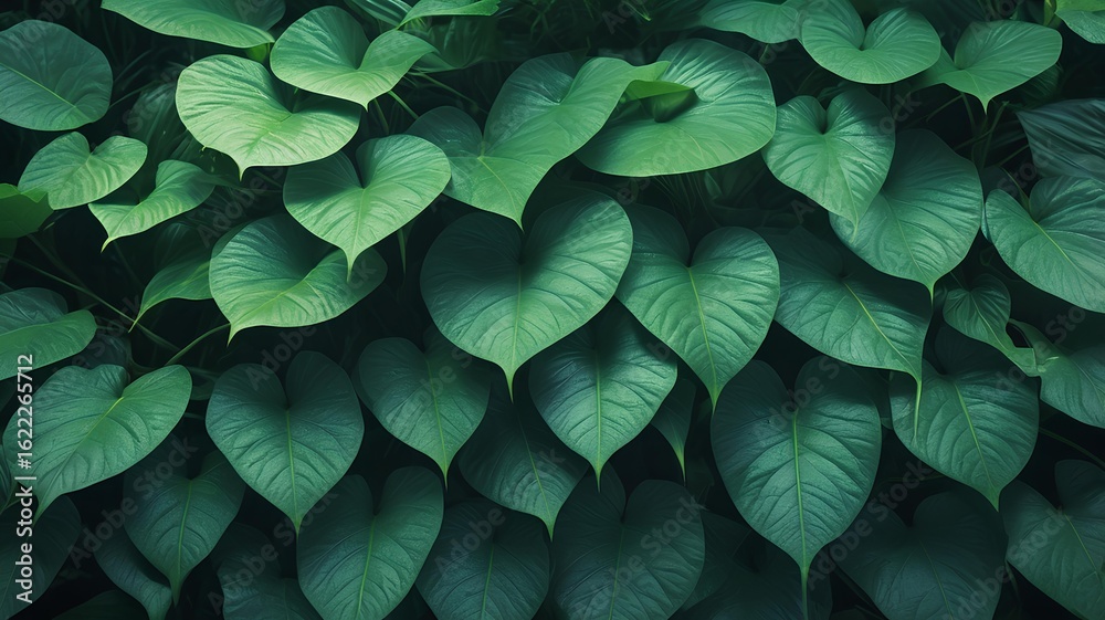 Obraz premium Lush wall of vibrant green heart-shaped leaves forming a natural romantic pattern. A botanical background for love and nature.