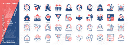 Conspiracy Theory icon set. Shadow Government, Evidence, Distrust, Prejudices, Falsification, Viewpoint, Murder, Followers, Politics. Duotone color solid and editable outline icons