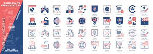 Digital Rights Management DRM icon set. Distribution, Encryption, Music, Digital Content, Game, Access, Control, Licensing Agreement. Duotone color solid and editable outline icons