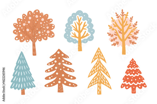 Playful Forest Graphics: A whimsical collection of stylized trees, each showcasing unique forms, textures, and colors. Capturing the essence of woodland charm with a touch of imaginative flair.