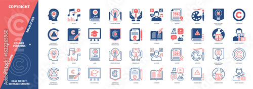 Copyright icon set. Idea, Author, Patent, Ownership, Jurisdiction, Content, Creative Work, Guidelines. Duotone color solid and editable outline icons