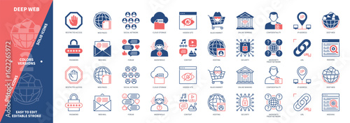 Deep Web icon set. Hidden Site, Black Market, Security, Anonymous, Banking, Indexing, URL, Web Mail. Duotone color solid and editable outline icons