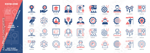 Know how icon set. Knowledge, Theory, Practice, Qualification, Workshop, Opportunities, Expert, Innovation. Duotone color solid and editable outline icons