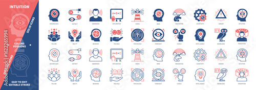 Intuition icon set. Imagination, Foresight, Instinct, Psychology, Behavior, Perception, Choice, Knowledge. Duotone color solid and editable outline icons