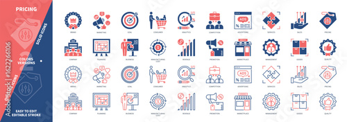 Pricing icon set. Consumer, Marketing, Revenue, Management, Marketplace Promotion, Business, Sales, Advertising, Company. Duotone color solid and editable outline icons