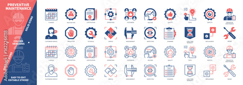 Preventive Maintenance icon set. Malfunction, Inspection, Conditions, Customer Service, Repair, Certification, Replacement, Restore. Duotone color solid and editable outline icons