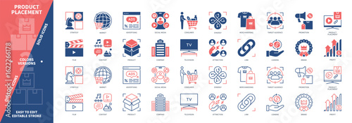 Product Placement icon set. Brand, Advertising, Links, Film, Audience, Television, Market, Synergy. Duotone color solid and editable outline icons