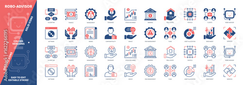 Robo Advisor icon set. Advisor, Investment, Software, Algorithm, Fintech, Management, Asset Allocation, Consulting. Duotone color solid and editable outline icons