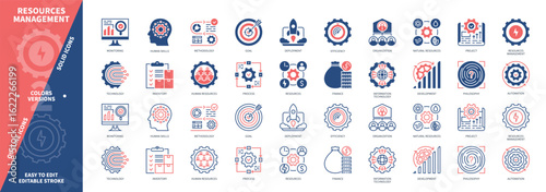 Resources Management icon set. Resources, Information Technology, Automation, Human Resources, Project, Inventory, Skills, Development. Duotone color solid and editable outline icons