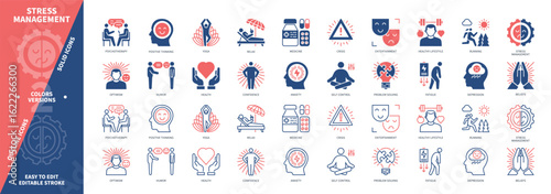 Stress Management icon set. Psychotherapy, Running, Humor, Anxiety, Depression, Healthy Lifestyle, Fatigue, Relax. Duotone color solid and editable outline icons