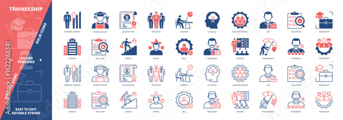 Traineeship icon set. Profession, Apprenticeship, Experience, Skill, Applicant, Learning, Career, Training. Duotone color solid and editable outline icons