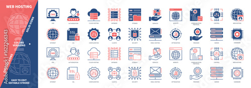 Web Hosting icon set. Cloud Hosting, Authorization, Configuration, Security, Database, Server, Website, Control. Duotone color solid and editable outline icons