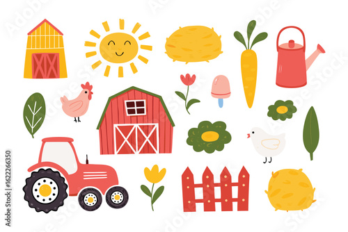 Farm Life Icons: A collection of vibrant illustrations of farm elements, depicting barns, tractors, crops, and cheerful elements, evoking a sense of idyllic countryside life.
