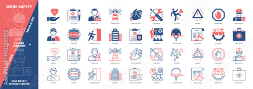 Work Safety icon set. Prevention, Helmet, Gloves, Injury, Emergency Exit, Equipment, Training. Duotone color solid and editable outline icons