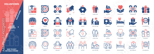 Volunteer icon set. Elderly Care, Philanthropy, Help Homeless, Humanitarian Aid, Empathy, Food Aid, Resources, Emergency. Duotone color solid and editable outline icons