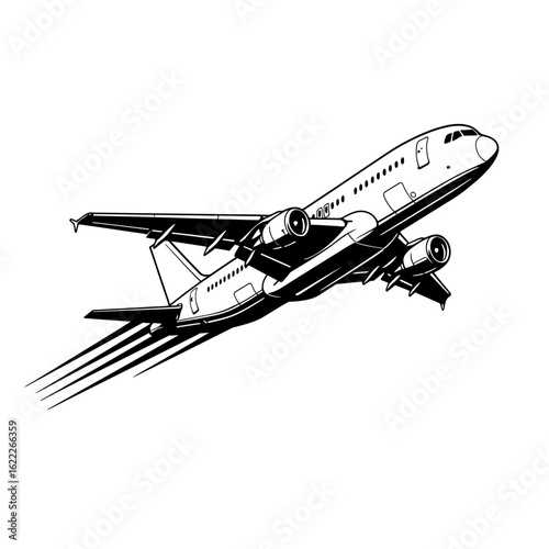 A dynamic black and white illustration of a commercial passenger airplane taking off with speed lines, symbolizing rapid global travel and aviation.