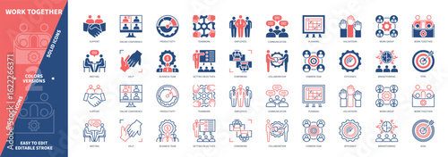 Work Together icon set. Communication, Support, Common Task, Brainstorming, Collaboration, Setting Objectives, Coworking, Volunteers. Duotone color solid and editable outline icons