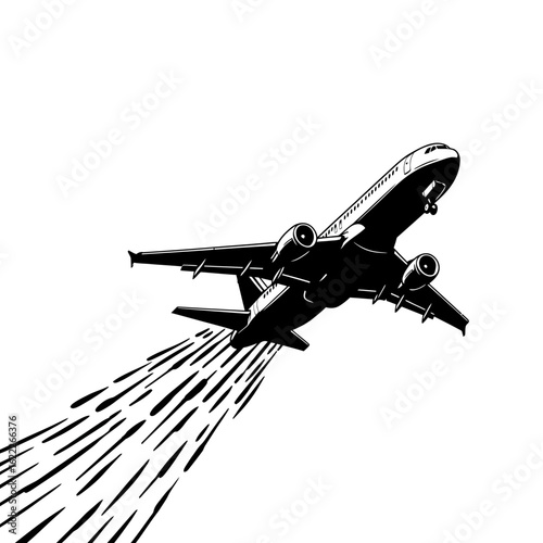 Silhouette of a modern jet airplane ascending sharply against a white background, leaving a trail of stylized exhaust.