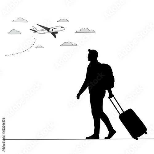 A silhouetted traveler walks with luggage as an airplane takes off into the sky, representing travel, adventure, and the journey ahead with a minimalist design.