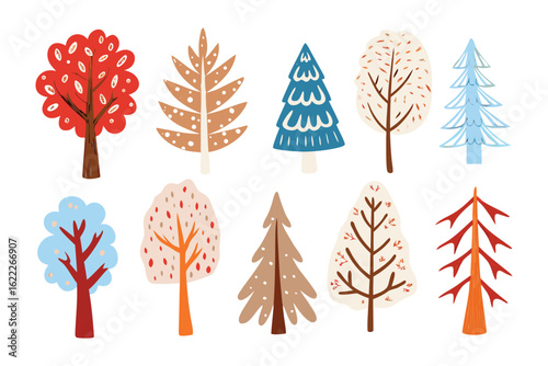 Illustrated Diverse Trees: A collection of stylized trees, each with unique shapes and colors, representing the diverse beauty and individuality of nature.