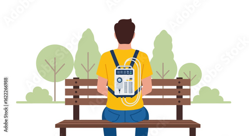 A man seen from behind sits on a park bench, carrying a portable oxygen concentrator on his back.