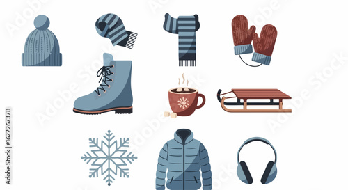 Cozy winter accessories collection for chilly adventures featuring hat, mittens, scarf, boot, hot chocolate, sled, snowflake, jacket, and headphones