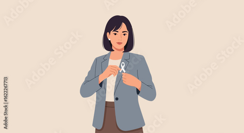 An illustration of a woman with short hair pinning a white awareness ribbon to her blue blazer for a social cause.